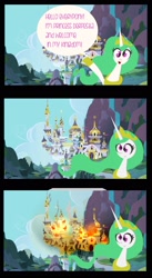 Size: 1053x1920 | Tagged: safe, artist:jokerpony, princess celestia, alicorn, pony, askprincessderpestia, canterlot, derp, derpestia, fire