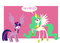 Size: 1280x918 | Tagged: safe, artist:jokerpony, princess celestia, twilight sparkle, twilight sparkle (alicorn), alicorn, pony, askprincessderpestia, derp, derpestia, dialogue, female, mare, scene parody, stylized, stylized cartoon horse, wat, wing ears, wings