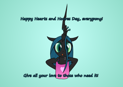 Size: 4960x3508 | Tagged: safe, artist:123turtleshell, queen chrysalis, changeling, changeling queen, apron, bib, clothes, fangs, licking lips, looking at you, smiling, solo, tongue out