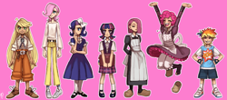 Size: 1874x821 | Tagged: safe, artist:emlan, derpibooru import, applejack, fluttershy, pinkie pie, rainbow dash, rarity, twilight sparkle, human, bandage, bandaid, book, clothes, dress, female, gap teeth, humanized, mane six, mary janes, pinkamena diane pie, school uniform, shoes, simple background, skirt, sneakers, young