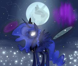 Size: 1280x1088 | Tagged: safe, artist:jankrys00, princess luna, alicorn, pony, glowing eyes, looking at you, lunadoodle, mare in the moon, moon, night, solo, space, spread wings