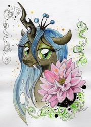 Size: 891x1243 | Tagged: safe, artist:donika-schovina, queen chrysalis, changeling, changeling queen, fangs, female, flower, looking at you, portrait, smiling, solo, traditional art