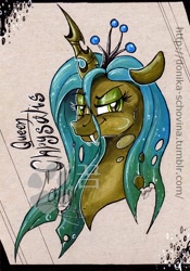 Size: 800x1141 | Tagged: safe, artist:donika-schovina, queen chrysalis, changeling, changeling queen, portrait, solo, traditional art