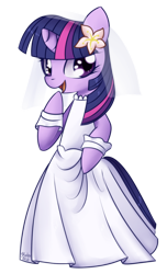 Size: 694x1140 | Tagged: safe, artist:solar-slash, derpibooru import, twilight sparkle, semi-anthro, bipedal, clothes, dress, female, flower, flower in hair, looking at you, mare, open mouth, open smile, simple background, smiling, solo, transparent background, wedding dress