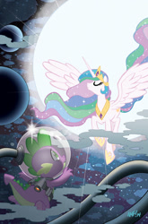 Size: 755x1147 | Tagged: safe, artist:tonyfleecs, idw, princess celestia, spike, alicorn, dragon, pony, backlighting, cover, eyes closed, jetpack, moon, ponies in space, space, space helmet