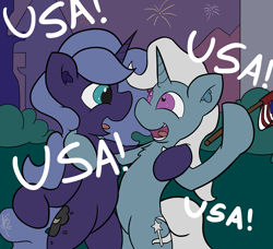 Size: 1280x1166 | Tagged: safe, artist:solipsus, princess luna, trixie, alicorn, pony, 4th of july, american flag, fireworks, s1 luna, united states