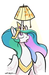 Size: 621x960 | Tagged: safe, artist:kez, princess celestia, alicorn, pony, cute, cutelestia, frown, glare, hair over one eye, hat, lampshade, lampshade hat, looking up, open mouth, simple background, solo, surprised, white background, wide eyes