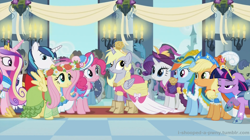 Size: 1280x715 | Tagged: safe, artist:i-shooped-a-pwny, editor:i-shooped-a-pwny, applejack, bon bon, caramel, derpy hooves, doctor whooves, fluttershy, masquerade, pinkie pie, princess cadance, rainbow dash, rarity, shining armor, spring melody, sprinkle medley, sweetie drops, twilight sparkle, alicorn, earth pony, pony, unicorn, magical mystery cure, alternate universe, candle, canterlot, clothes, derpicorn, dress, fake screencap, floral head wreath, flower, hat, mane six, muffin queen, palindrome get, paper bag, paper bag princess, race swap, this will end in tears