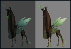 Size: 3000x2059 | Tagged: safe, artist:littlemissawesome, queen chrysalis, changeling, changeling queen, female, green eyes, horn, solo