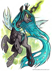 Size: 475x650 | Tagged: safe, artist:kenket, artist:spainfischer, queen chrysalis, changeling, changeling queen, female, horn, solo