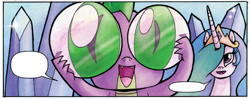 Size: 960x380 | Tagged: safe, idw, princess celestia, spike, alicorn, dragon, pony, spoiler:comic, spoiler:comicff3, crystal, duo, ethereal mane, female, lens, male, mare, official comic, speech bubble