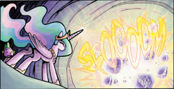 Size: 941x481 | Tagged: safe, idw, princess celestia, spike, alicorn, dragon, pony, spoiler:comic, spoiler:comicff3, crystal, duo, ethereal mane, explosion, female, male, mare, official comic