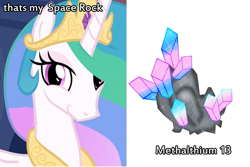 Size: 895x599 | Tagged: safe, princess celestia, alicorn, pony, female, horn, image macro, mare, meme, multicolored mane, solo, space rock, white coat