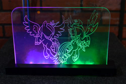 Size: 4819x3192 | Tagged: safe, artist:cuttycommando, artist:jigg007, princess cadance, queen chrysalis, changeling, changeling queen, craft, dark, duality, engraving, glow, irl, led, photo