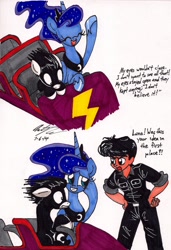 Size: 1316x1924 | Tagged: safe, artist:newyorkx3, princess luna, oc, oc:tommy, oc:tommy junior, alicorn, earth pony, human, pony, colt, father, female, male, mare, non-mlp oc, roller coaster, self insert, son, traditional art