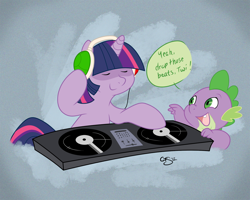 Size: 1000x800 | Tagged: safe, artist:kkitty23, derpibooru import, spike, twilight sparkle, dragon, pony, unicorn, abstract background, bipedal, eyes closed, female, headphones, male, mare, smiling, turntable