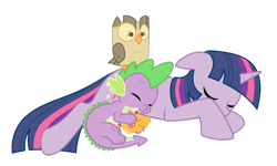 Size: 1250x749 | Tagged: safe, artist:kumkrum, derpibooru import, owlowiscious, peewee, spike, twilight sparkle, dragon, phoenix, pony, unicorn, female, male, mare, pony pillow, simple background, sleeping, transparent background