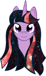 Size: 1858x3055 | Tagged: safe, artist:catnipfairy, derpibooru import, twilight sparkle, pony, unicorn, alternate hairstyle, bust, female, galaxy mane, i really like her mane, looking at you, mane, mare, portrait, simple background, smiling, solo, stars, transparent background, vector