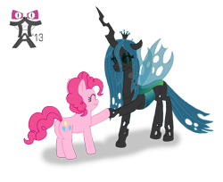 Size: 2417x1974 | Tagged: safe, artist:tofer18, pinkie pie, queen chrysalis, changeling, changeling queen, earth pony, pony, eyes closed, hoofshake, smiling