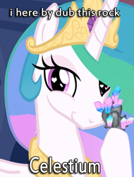 Size: 455x600 | Tagged: safe, princess celestia, alicorn, pony, image macro, meme, solo, space rock, wingding eyes