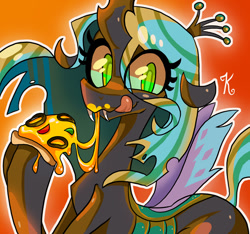 Size: 734x688 | Tagged: safe, artist:kaliptro, queen chrysalis, changeling, changeling queen, licking lips, looking at you, messy eating, pizza, smiling, solo, tongue out