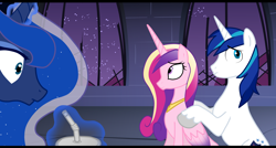 Size: 2700x1444 | Tagged: safe, artist:axcell1ben, princess cadance, princess luna, shining armor, alicorn, pony, unicorn, frown, magic, massage, sitting, straw, telekinesis, wide eyes