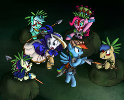 Size: 1050x850 | Tagged: safe, artist:carnifex, artist:rustydooks, derpibooru import, bon bon, goldengrape, lyra heartstrings, pinkie pie, rainbow dash, rarity, sir colton vines iii, sweetie drops, earth pony, pegasus, pony, unicorn, barbarian, clothes, dress, hat, headhunters, hypnosis, jungle, kaa eyes, knife, natives, spear, weapon