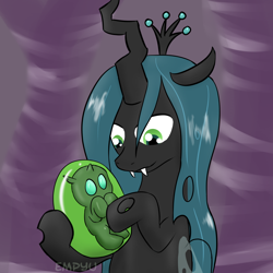 Size: 1000x1000 | Tagged: safe, artist:empyu, queen chrysalis, changeling, changeling queen, nymph, 30 minute art challenge, cocoon, cuteling, egg, mommy chrissy, newborn