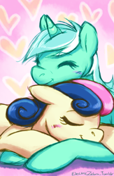 Size: 832x1280 | Tagged: safe, artist:electriczebra, bon bon, lyra heartstrings, sweetie drops, earth pony, pony, unicorn, blushing, female, heart, lesbian, lyrabon, mare, prone, shipping, smiling, snuggling