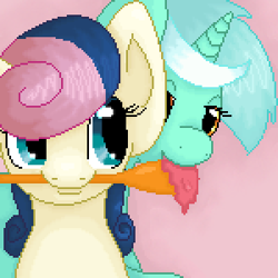 Size: 300x300 | Tagged: safe, artist:robynne, lyra heartstrings, pony, unicorn, female, lesbian, lyrabon, mare, pixel art, shipping