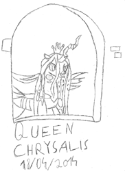 Size: 852x1171 | Tagged: safe, artist:xxgior10xx, queen chrysalis, changeling, changeling queen, monochrome, solo, window