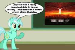 Size: 887x588 | Tagged: safe, lyra heartstrings, pony, chalkboard, human studies101 with lyra, id4, independence day (movie), meme