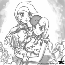 Size: 805x805 | Tagged: safe, artist:johnjoseco, bon bon, lyra heartstrings, sweetie drops, human, anthy himemiya, bon bombs, breasts, crossover, female, grayscale, hilarious in hindsight, humanized, lesbian, lyrabon, marriage, monochrome, revolutionary girl utena, shipping, utena tenjou, wedding