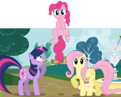 Size: 900x720 | Tagged: safe, artist:zev, derpibooru import, fluttershy, pinkie pie, twilight sparkle, earth pony, pegasus, pony, unicorn, female, fourth wall, looking at you, mare, simple background, transparent background