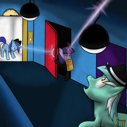 Size: 1500x1500 | Tagged: safe, artist:lamia, lyra heartstrings, minuette, twilight sparkle, crossover, elevator action