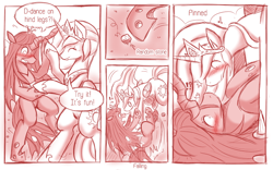 Size: 800x499 | Tagged: safe, artist:vavacung, princess celestia, queen chrysalis, alicorn, changeling, changeling queen, pony, comic:when villain win, accidental shipping, alternate universe, bipedal, blushing, chryslestia, comic, dancing, embarrassed, female, lesbian, monochrome, shipping, tripping