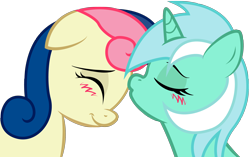 Size: 2324x1461 | Tagged: safe, artist:kennyklent, bon bon, lyra heartstrings, sweetie drops, blushing, female, kissing, lesbian, lyrabon, shipping