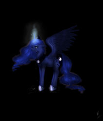 Size: 2200x2600 | Tagged: safe, artist:xkittyblue, princess luna, alicorn, pony, crying, dark, glowing horn, magic, sad, solo