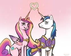 Size: 1125x882 | Tagged: safe, artist:vesper-stardust, princess cadance, shining armor, alicorn, pony, unicorn, female, heart, horn, male, mare, stallion