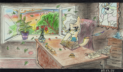 Size: 1741x1025 | Tagged: safe, artist:7yashka7, artist:synch-anon, mayor mare, princess celestia, alicorn, pony, desk, office, quill, traditional art