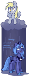 Size: 484x1231 | Tagged: safe, artist:kyaokay, derpy hooves, princess luna, alicorn, pegasus, pony, cloud, female, mare, rain, s1 luna, wet, wet mane