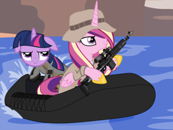 Size: 3600x2700 | Tagged: safe, artist:beavernator, princess cadance, twilight sparkle, alicorn, pony, call of duty, captain price, crossover, gun, m14, m14 ebr, modern warfare 2, rifle, soap mactavish, twilight is not amused, unamused, weapon, zodiac (watercraft)