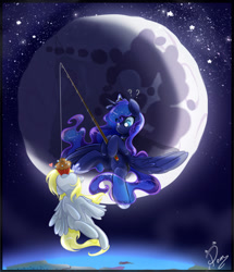 Size: 800x929 | Tagged: safe, artist:pomnoi, derpy hooves, princess luna, alicorn, pegasus, pony, dreamworks, female, fishing, flying, lesbian, lunaderp, mare, mare in the moon, moon, muffin, shipping, tangible heavenly object