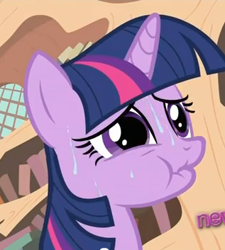 Size: 317x353 | Tagged: safe, derpibooru import, screencap, twilight sparkle, unicorn twilight, pony, unicorn, it's about time, cropped, explicit source, female, golden oaks library, mare, puffy cheeks, solo, sweat