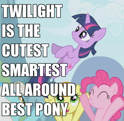 Size: 741x720 | Tagged: safe, derpibooru import, edit, edited screencap, screencap, carrot top, golden harvest, pinkie pie, serena, twilight sparkle, earth pony, pony, unicorn, the ticket master, artifact, best pony, female, image macro, mare