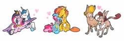 Size: 3000x1000 | Tagged: safe, artist:frankilew, carrot cake, cranky doodle donkey, cup cake, matilda, princess cadance, shining armor, alicorn, donkey, earth pony, pony, unicorn, bedroom eyes, blushing, carrot cup, carrotbetes, crankilda, crankybetes, cuddling, cute, cute cake, cutedance, eye contact, eyes closed, female, heart, kissing, male, married, matildadorable, nuzzling, prone, shining adorable, shiningcadance, shipping, simple background, sitting, smiling, straight, traditional art, underhoof, white background