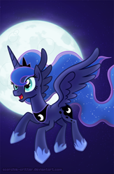 Size: 700x1073 | Tagged: safe, artist:scorchie-critter, princess luna, alicorn, pony, flying, moon, night, solo