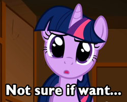 Size: 420x339 | Tagged: safe, derpibooru import, edit, edited screencap, screencap, twilight sparkle, pony, unicorn, female, mare, not sure if want, reaction image, solo