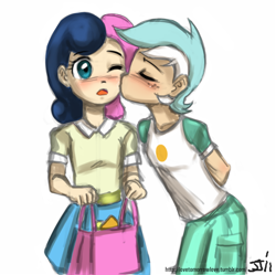 Size: 804x802 | Tagged: safe, artist:johnjoseco, bon bon, lyra heartstrings, sweetie drops, human, blushing, female, humanized, kiss on the cheek, kissing, lesbian, lyrabon, one eye closed, shipping, simple background, white background, young, younger