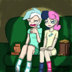 Size: 1280x1280 | Tagged: safe, artist:johnjoseco, bon bon, lyra heartstrings, sweetie drops, human, colored, crying, female, food, humanized, lesbian, lyrabon, popcorn, shipping, sitting, sofa